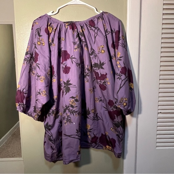 Plus Size Peasant Blouse Purple Yellow Floral Tie Neck - Picture 6 of 10